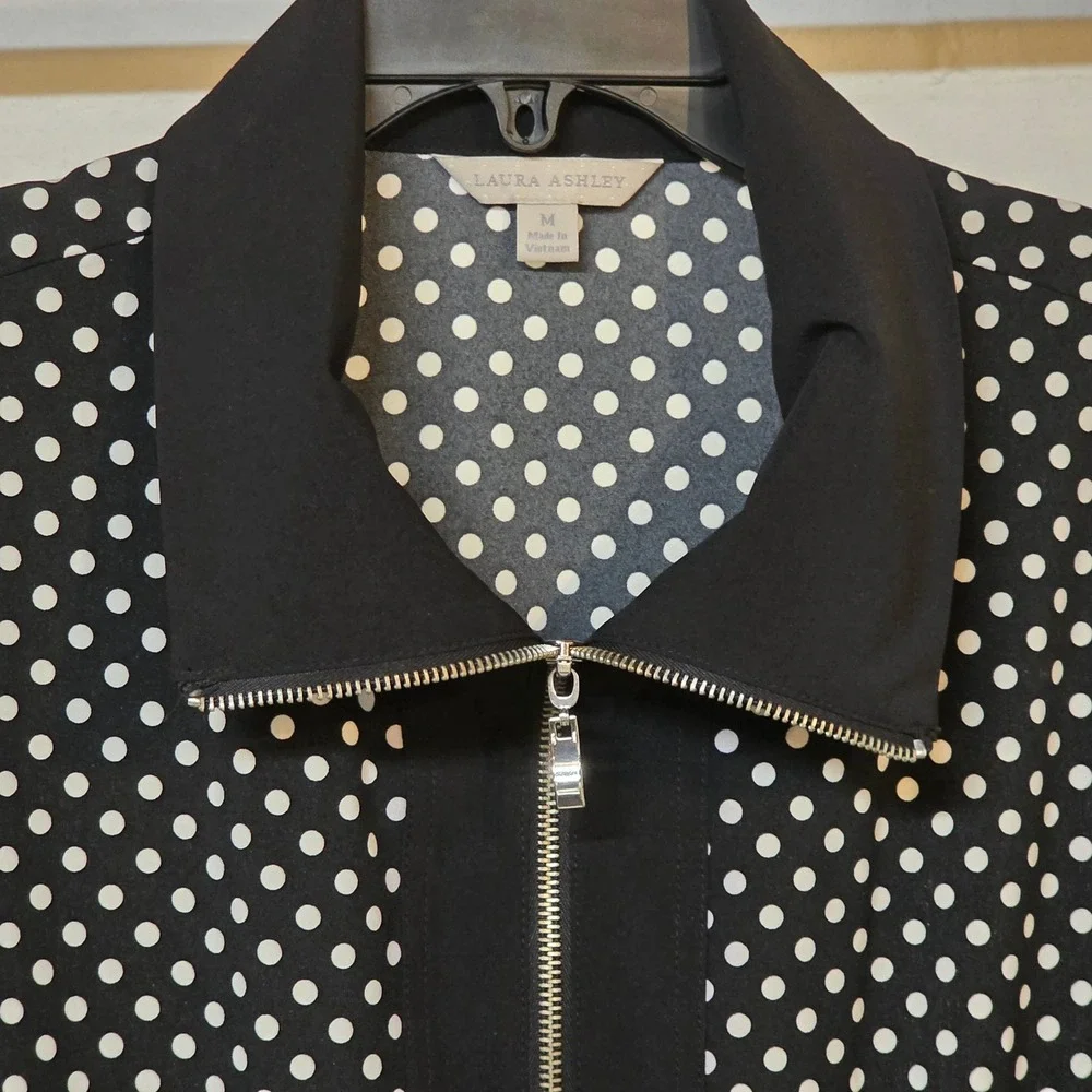 Laura Ashley Black White Polka‎ Dot Zip Up Light Jacket Drawstring Waist Women M